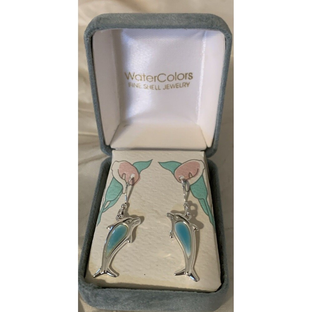 Watercolors Dolphin Earrings Blue Shell Beach Silver Tone Dangle Drop New
